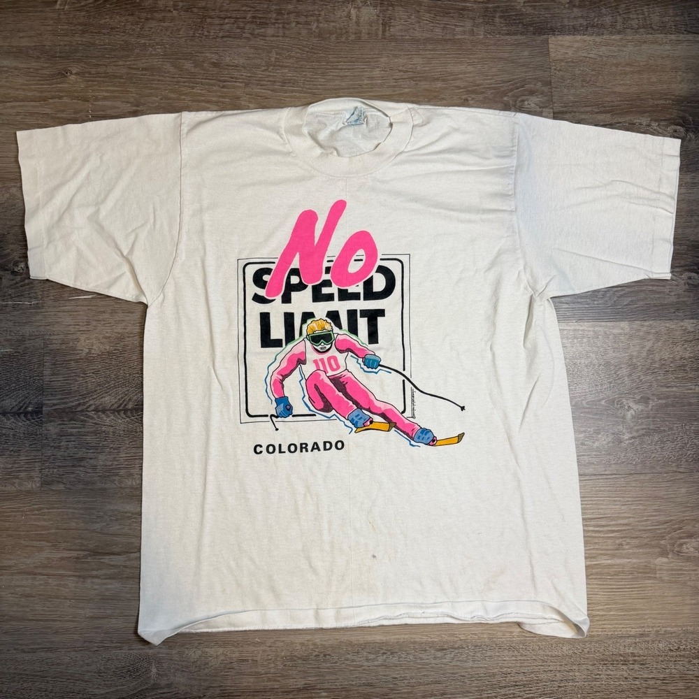 Vintage Cal Cru No Speed Limit Colorado Ski T-Shirt Neon 80s Single Stitch Large
